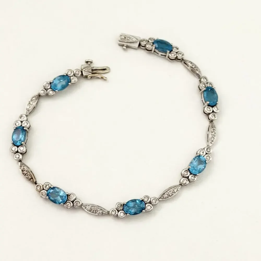 14K White Gold Blue Topaz & Diamond Bracelet
